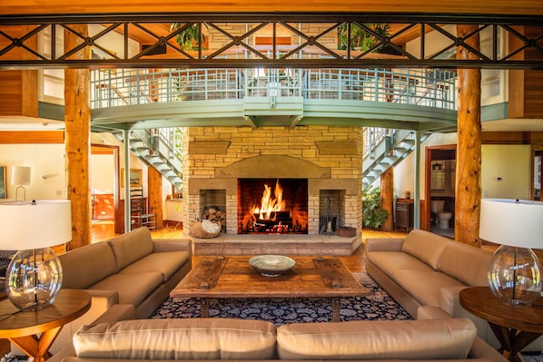 Grand room with wood burning fireplace