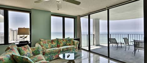 Gulf front living room with a breathtaking view!!
