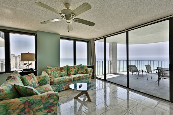 Gulf front living room with a breathtaking view!!