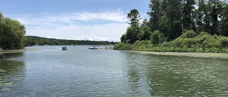 View from our dock of Lake Leelanau. Easy to rent a boat or use our canoe/kayak.