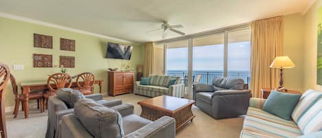Beautiful view from the Gulf front living room with Private Balcony 2 Sofa Sleepers with Queen Size Beds Plenty of seating for a large group