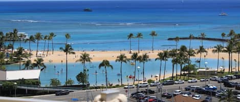 View of the lagoon and Waikiki beach from your lanai with hammock.
