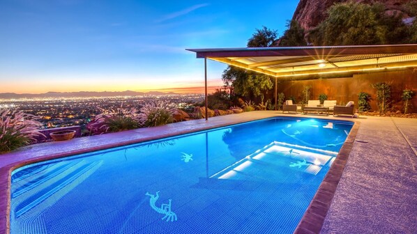 Sparkling pool looking out at mountain & city views w/ spa & poolside gazebo