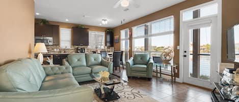 Living room with view of the water