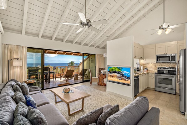 Welcome to your Maui home away from home. Open kitchen, dining, living areas.