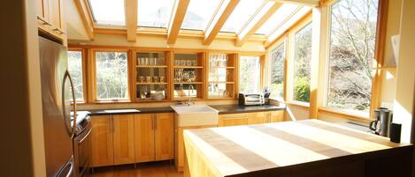 Sun-drenched kitchen, farm sink, microwave, dishwasher, fridge & gas stove