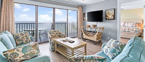 Spacious living room with ocean view.