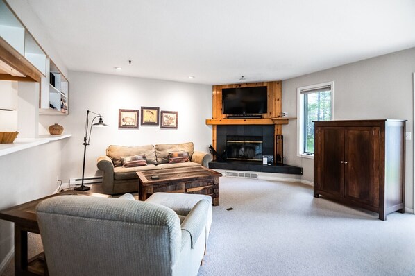Living Room with Wood Fireplace TV and Sofa Bed