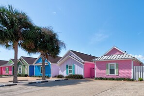 Enjoy the view of the colorful townhomes