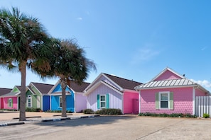 Enjoy the view of the colorful townhomes