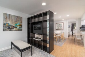 tv room with coffee table