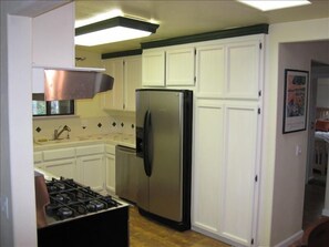View of Kitchen with Fridge, Diswasher and Pantry.