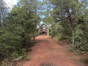 Cabin is set all the way to the back of the lot. National Forest right behind. 