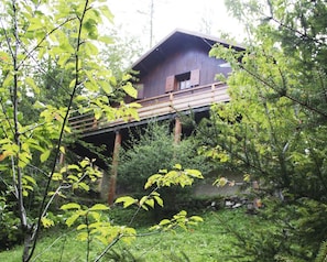 façade chalet et terrain devant