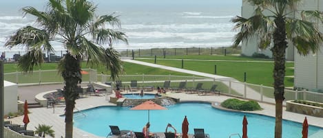 View to the beach, pool and hot tub