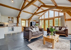 The open plan living area with vaulted beamed ceiling and large glass windows