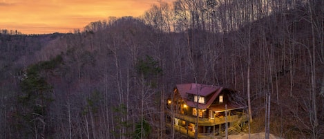 Twilight view of cabin