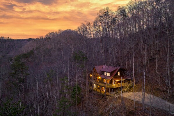 Twilight view of cabin