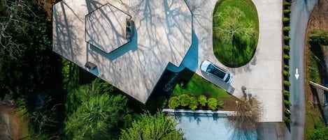 No, it's not a space ship!  This is a drone shot of this unique house.
