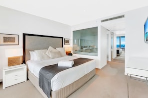 Master bedroom with King bed, ensuite, and ocean views