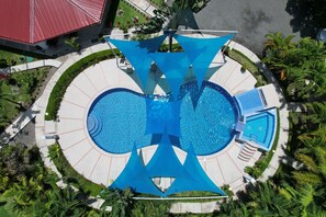 Overhead drone view of swimming pool