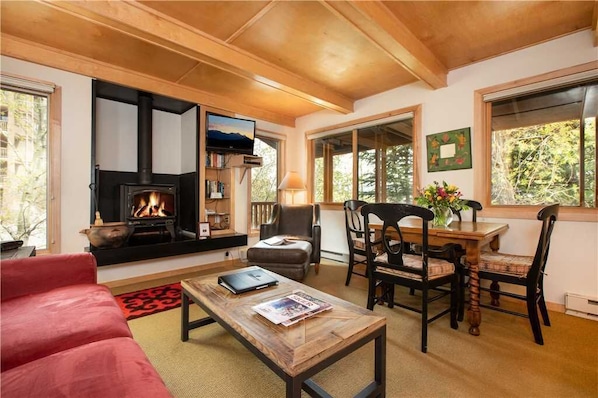 Open Living Space w/ TV and Wood Stove