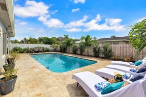 View of Pool, Large Travertine Patio and Lounging Area