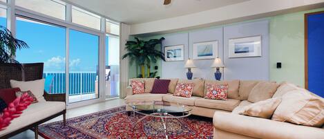 Great Room with views to the Gulf, Ralph Lauren pillows, and traditional sofa