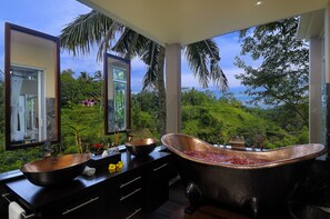 Two bathrooms with bathtubs and epic views