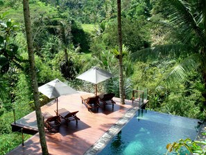 Large patio with sunloungers overlooking the jungle gorge