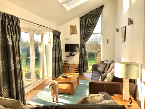 Lounge area with patio doors .