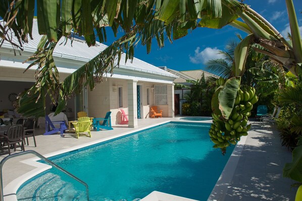 Private pool area. 30’x15’ pool, and solar heated jacuzzi.