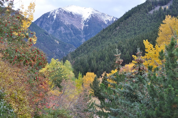 Looking up Emigrant Creek at a 10,000 foot peak- view from kitchen window