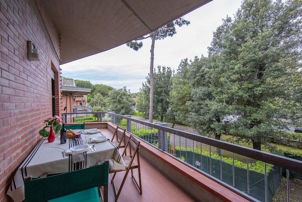 La terrasse est très grande et donne sur le jardin de la propriété.