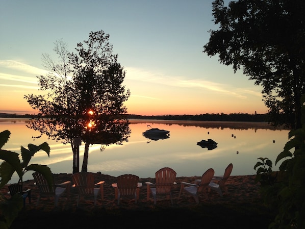 The view from our deck, sunrise on Round Lake