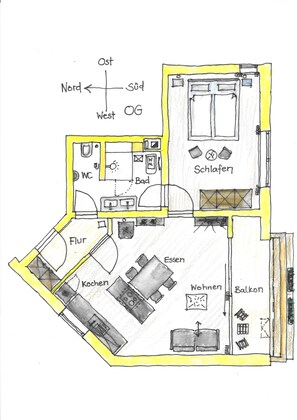 Ferienwohnung Steinberg***** im 'Haus am Bachrand', 1-2 Personen, Balkon, TV-Grundriss Fewo Steinberg