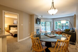 Open living, dining, kitchen