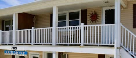 Front door and balcony of our second floor apartment at Spindrift