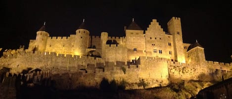view of castle at night from Cezanne lounge window