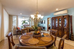 The dining room table seats 6