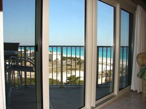 View of the gorgeous emerald waters from the living room inside!