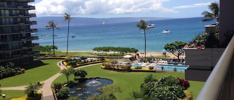 View from #519 lanai looking at the beach, pool and inner courtyard