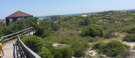 Private boardwalk to beach with secured entry.