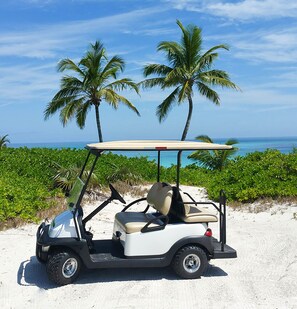 Beach Buggy for easy access to Unicorn Cay beach on the property
