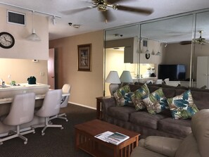 Sleep sofa in living area can accommodate two additional guests.