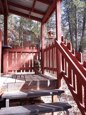 Walking up the deck stairs.