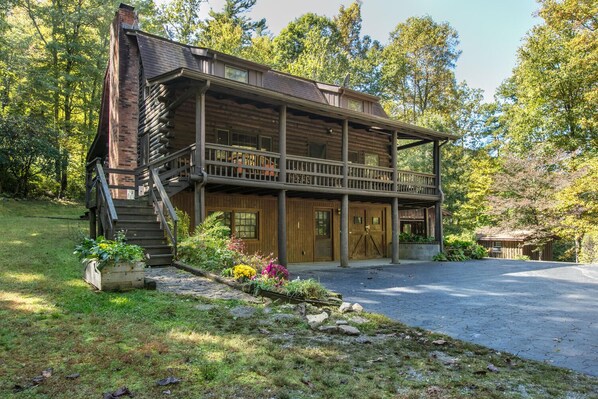 Late summer front view of the cabin.