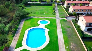 Aerial view swimming pool for adults, swimming pool for children