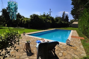 the pool and a small part of the garden You can see the orange grove on the back