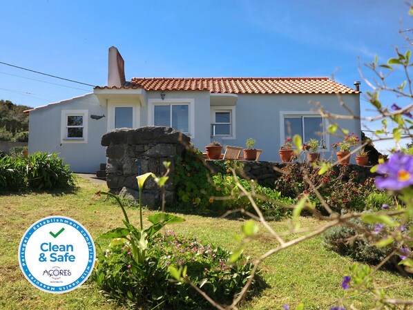 Rückansicht des Hauses mit der Terrasse und dem gemauerten Grill im Vordergrund